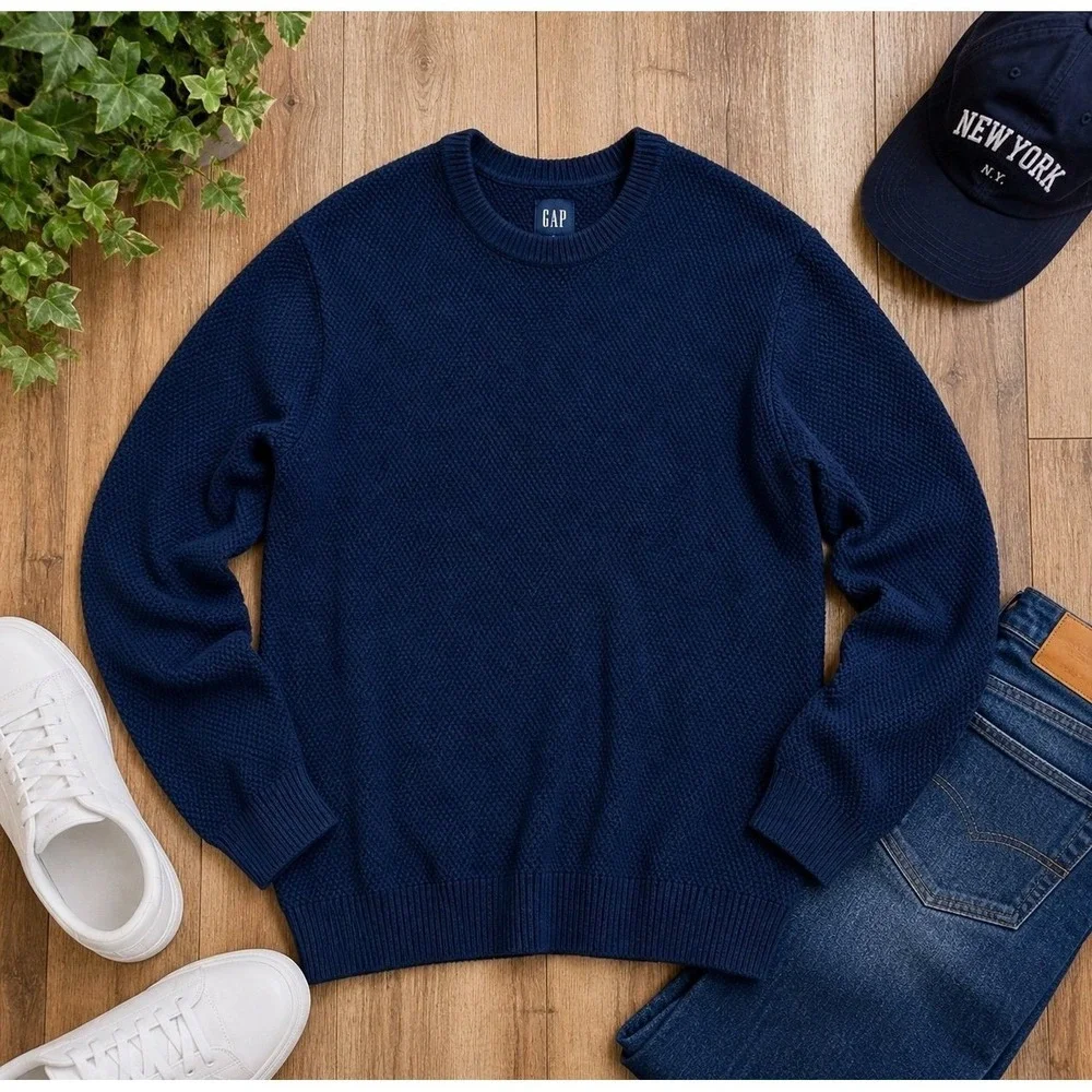 GAP‎ Navy Textured Knit Sweater Crewneck Cotton Blend Size L